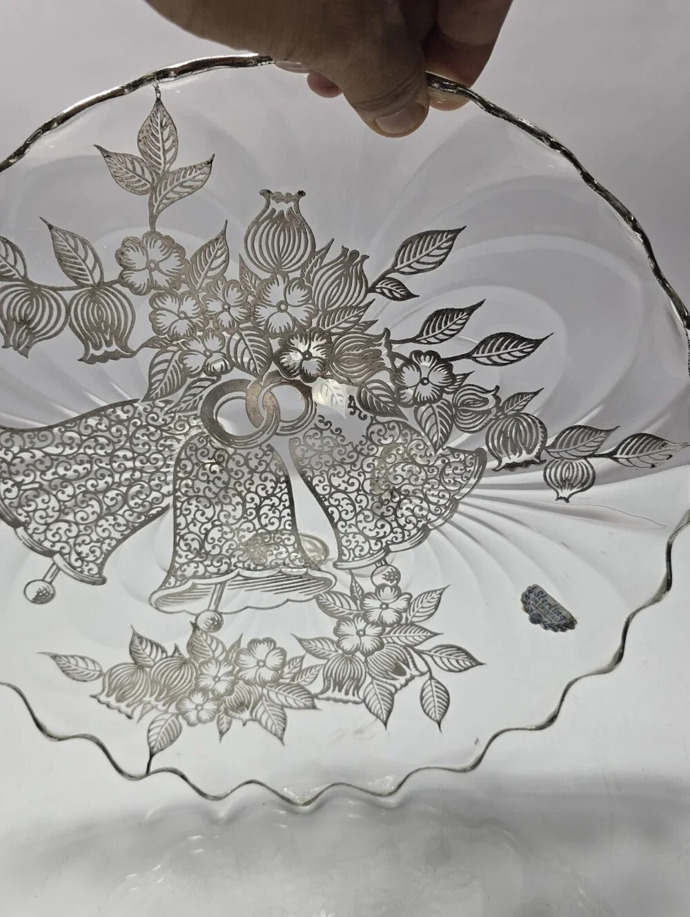 Vtg Silver City Sterling on Crystal Christmas Bells Scalloped Serving Platter